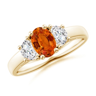 7x5mm AAAA Oval Orange Sapphire Ring with Half Moon Diamonds in Yellow Gold