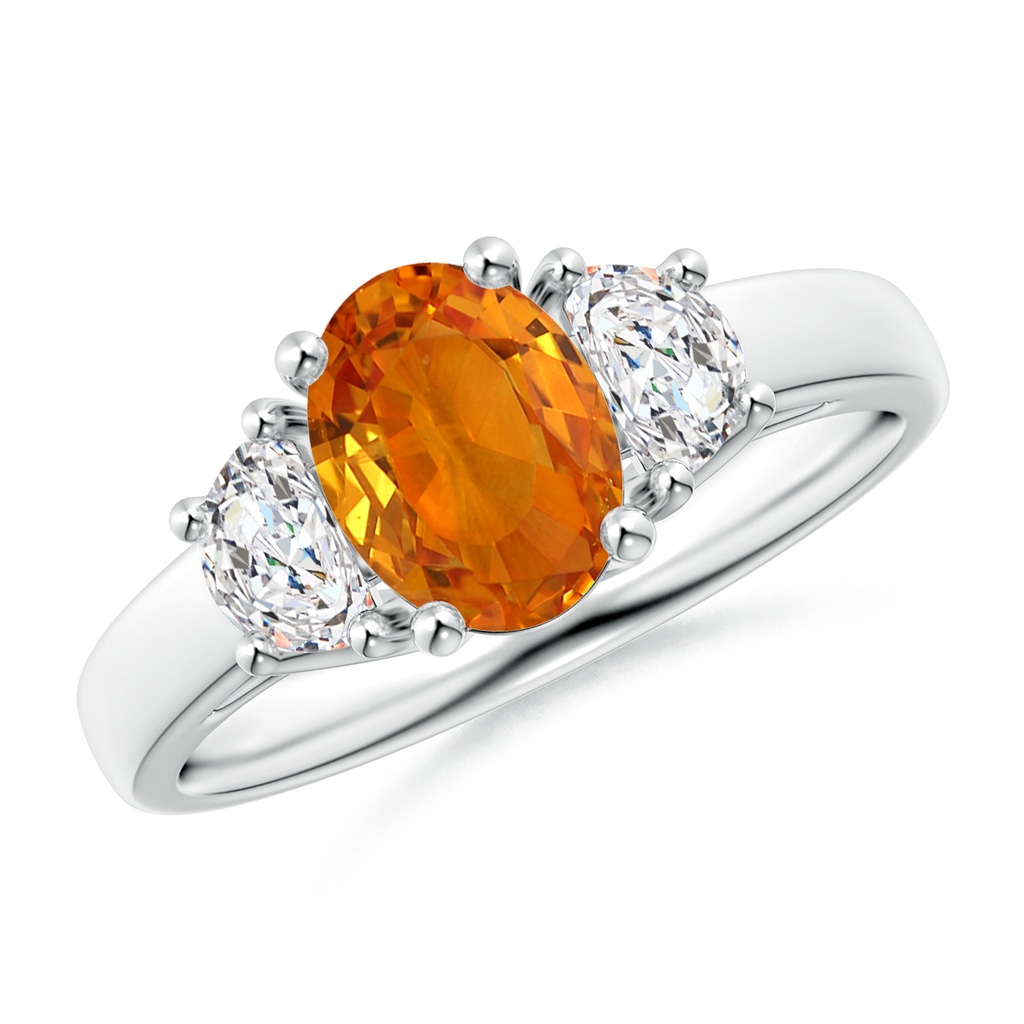 8x6mm AAA Oval Orange Sapphire Ring with Half Moon Diamonds in White Gold