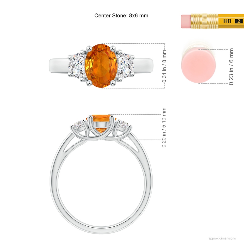8x6mm AAA Oval Orange Sapphire Ring with Half Moon Diamonds in White Gold Ruler