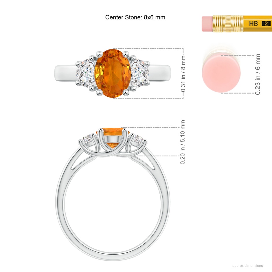 8x6mm AAA Oval Orange Sapphire Ring with Half Moon Diamonds in White Gold ruler