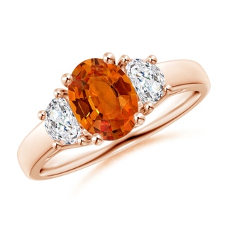 8x6mm AAAA Oval Orange Sapphire Ring with Half Moon Diamonds in Rose Gold