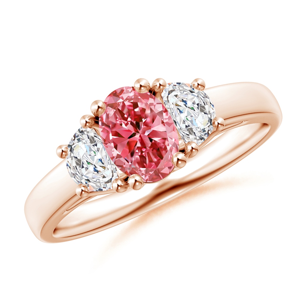 7x5mm AAAA Three Stone Oval Fancy Intense Pink and Half Moon White Diamond Ring in Rose Gold