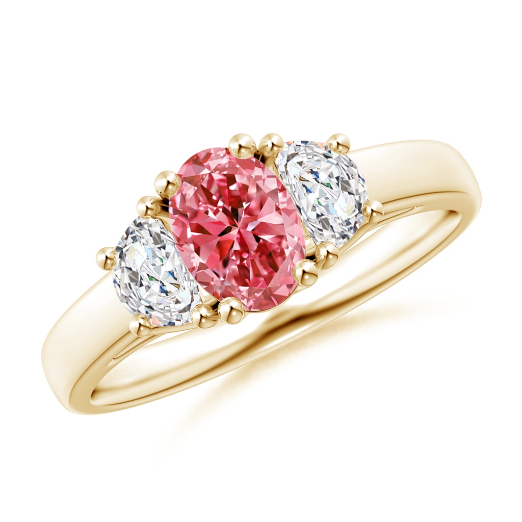 7x5mm AAAA Three Stone Oval Fancy Intense Pink and Half Moon White Diamond Ring in Yellow Gold