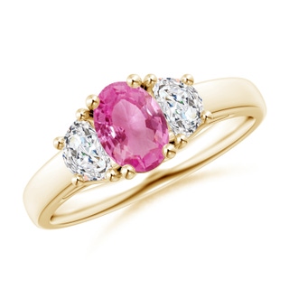 7x5mm AAA 3 Stone Oval Pink Sapphire and Half Moon Diamond Ring in 9K Yellow Gold
