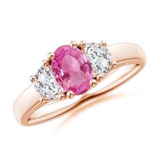 7x5mm AAA 3 Stone Oval Pink Sapphire and Half Moon Diamond Ring in Rose Gold