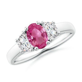 7x5mm AAAA 3 Stone Oval Pink Sapphire and Half Moon Diamond Ring in P950 Platinum