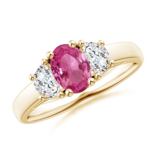 7x5mm AAAA 3 Stone Oval Pink Sapphire and Half Moon Diamond Ring in Yellow Gold