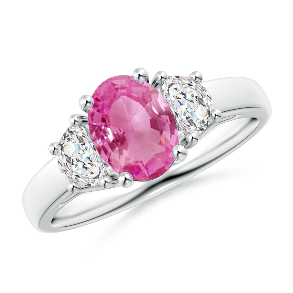 8x6mm AAA 3 Stone Oval Pink Sapphire and Half Moon Diamond Ring in White Gold