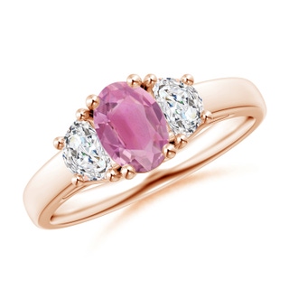 7x5mm AA Three Stone Oval Pink Tourmaline and Half Moon Diamond Ring in Rose Gold