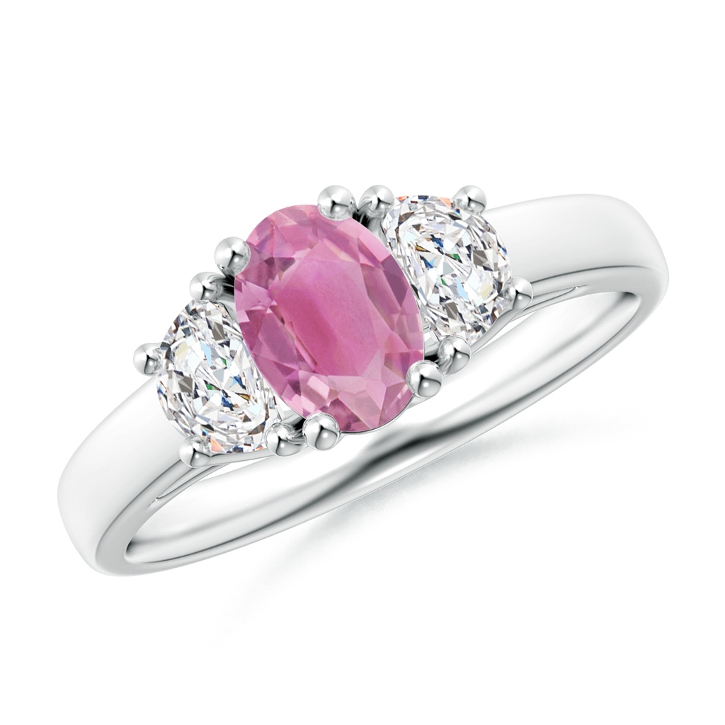 7x5mm AA Three Stone Oval Pink Tourmaline and Half Moon Diamond Ring in White Gold