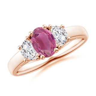 7x5mm AAA Three Stone Oval Pink Tourmaline and Half Moon Diamond Ring in Rose Gold