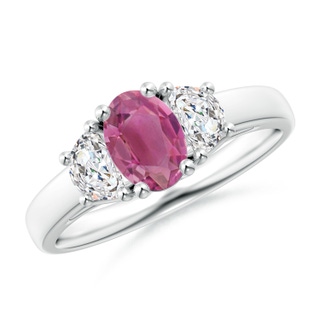 7x5mm AAA Three Stone Oval Pink Tourmaline and Half Moon Diamond Ring in White Gold