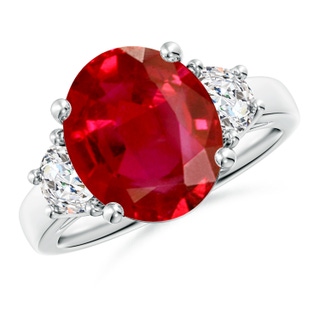 12x10mm AAA Three Stone Oval Ruby and Half Moon Diamond Ring in P950 Platinum