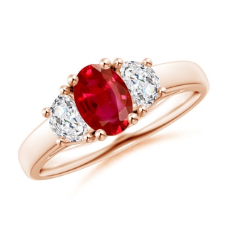 7x5mm AAA Three Stone Oval Ruby and Half Moon Diamond Ring in Rose Gold