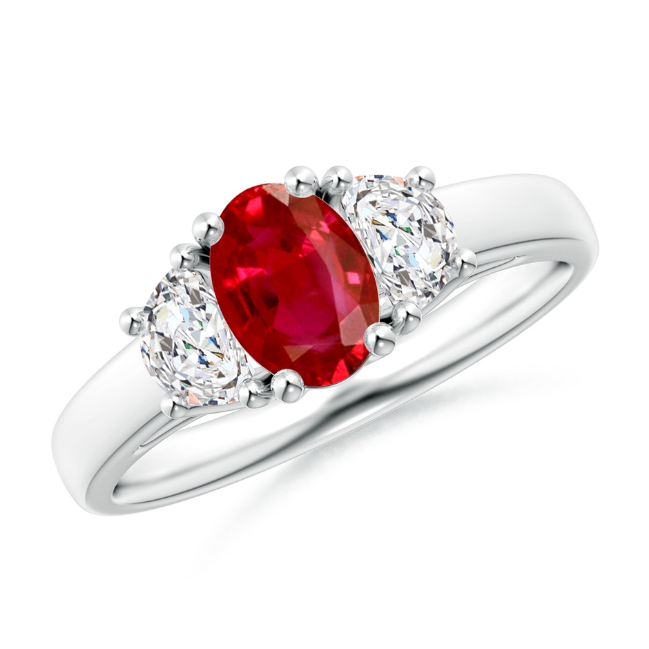 7x5mm AAA Three Stone Oval Ruby and Half Moon Diamond Ring in White Gold 