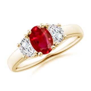 7x5mm AAA Three Stone Oval Ruby and Half Moon Diamond Ring in Yellow Gold