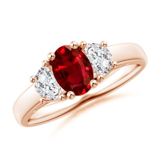 7x5mm AAAA Three Stone Oval Ruby and Half Moon Diamond Ring in Rose Gold