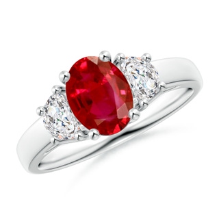 8x6mm AAA Three Stone Oval Ruby and Half Moon Diamond Ring in White Gold
