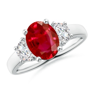 9x7mm AAA Three Stone Oval Ruby and Half Moon Diamond Ring in White Gold