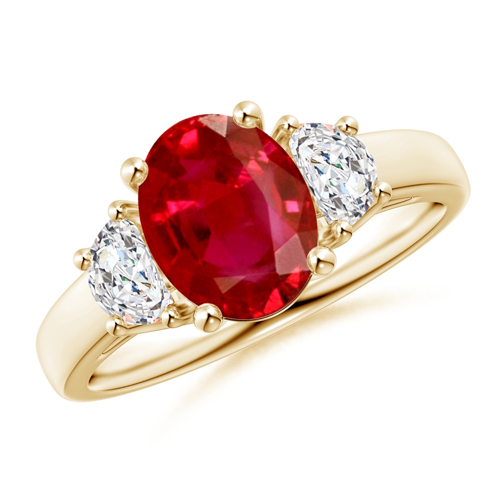 9x7mm AAA Three Stone Oval Ruby and Half Moon Diamond Ring in Yellow Gold