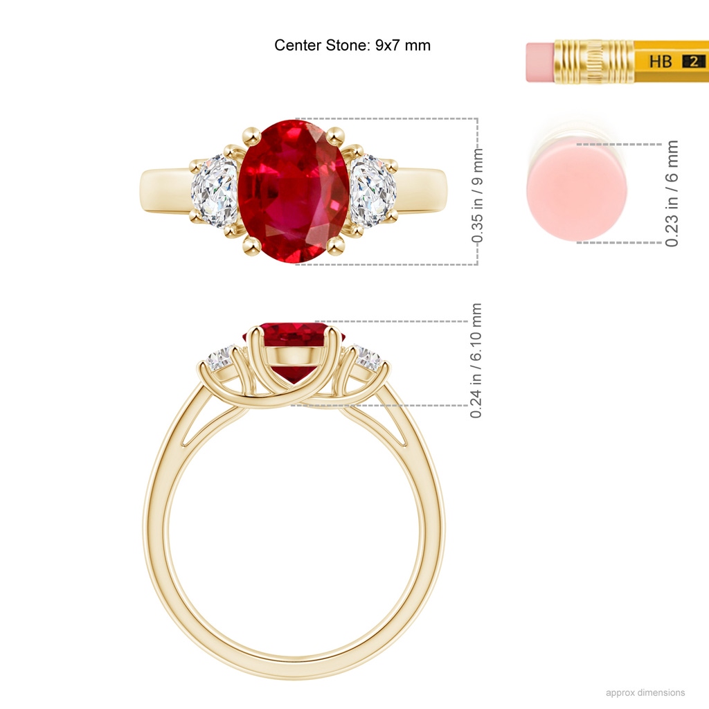 9x7mm AAA Three Stone Oval Ruby and Half Moon Diamond Ring in Yellow Gold ruler