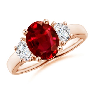 9x7mm AAAA Three Stone Oval Ruby and Half Moon Diamond Ring in 9K Rose Gold