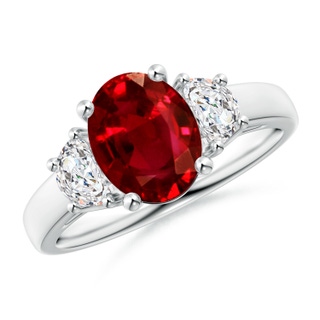 9x7mm AAAA Three Stone Oval Ruby and Half Moon Diamond Ring in White Gold