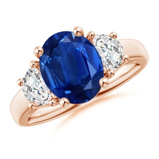 10x8mm AAA 3 Stone Oval Blue Sapphire and Half Moon Diamond Ring in Rose Gold