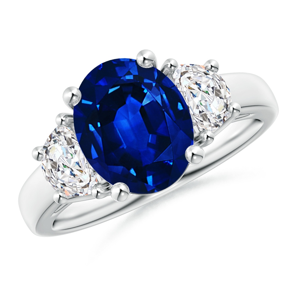 10x8mm Lab-Grown 3 Stone Oval Blue Sapphire and Half Moon Diamond Ring in P950 Platinum