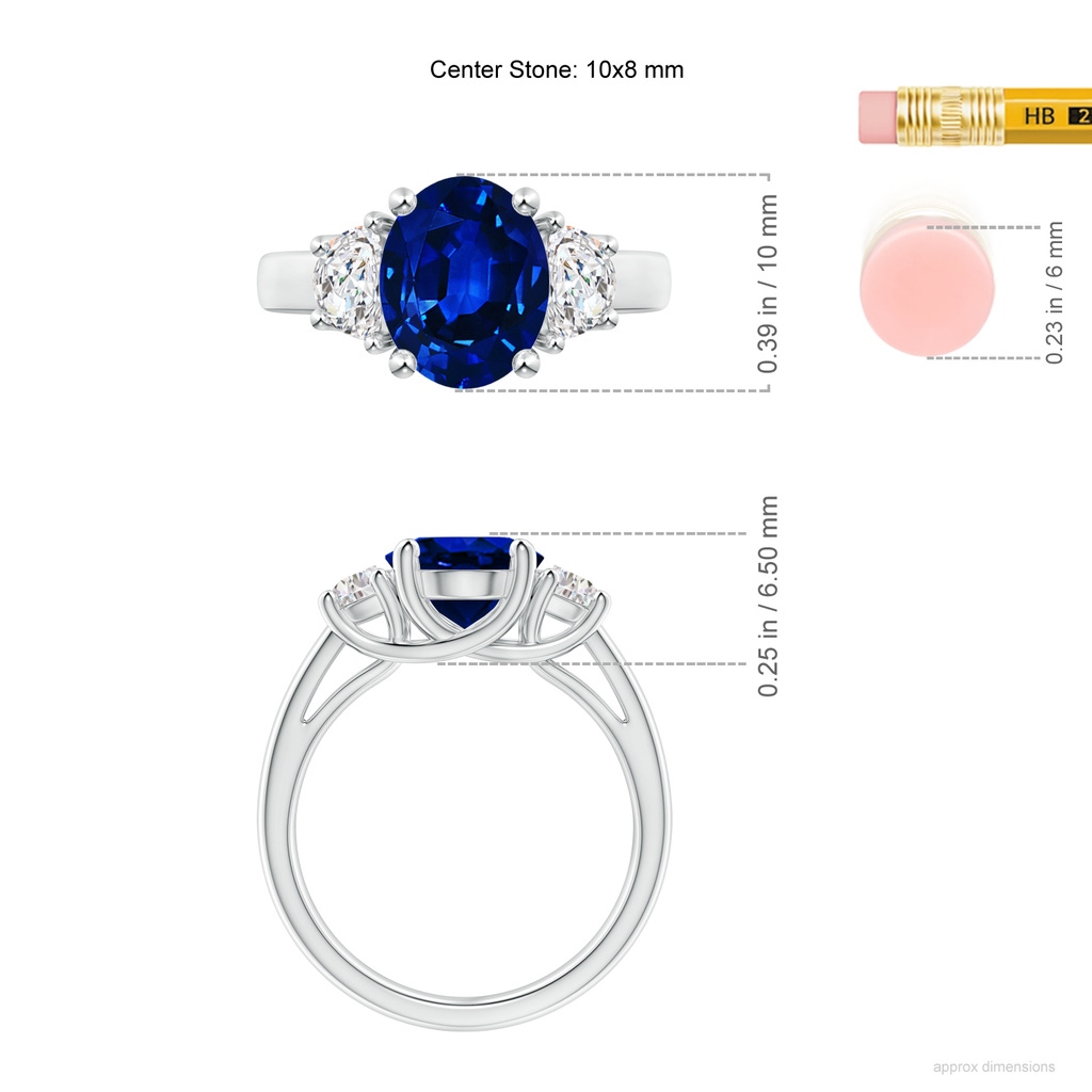 10x8mm AAAA 3 Stone Oval Blue Sapphire and Half Moon Diamond Ring in P950 Platinum ruler