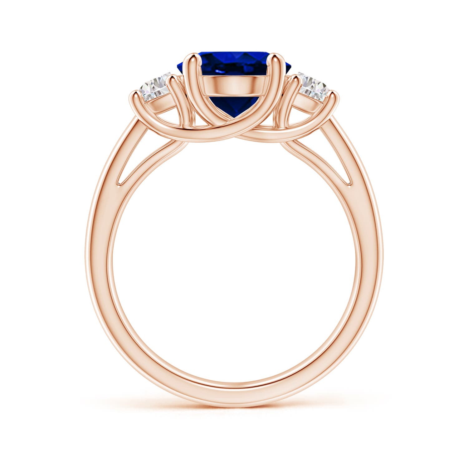 10x8mm AAAA 3 Stone Oval Blue Sapphire and Half Moon Diamond Ring in Rose Gold - side 3