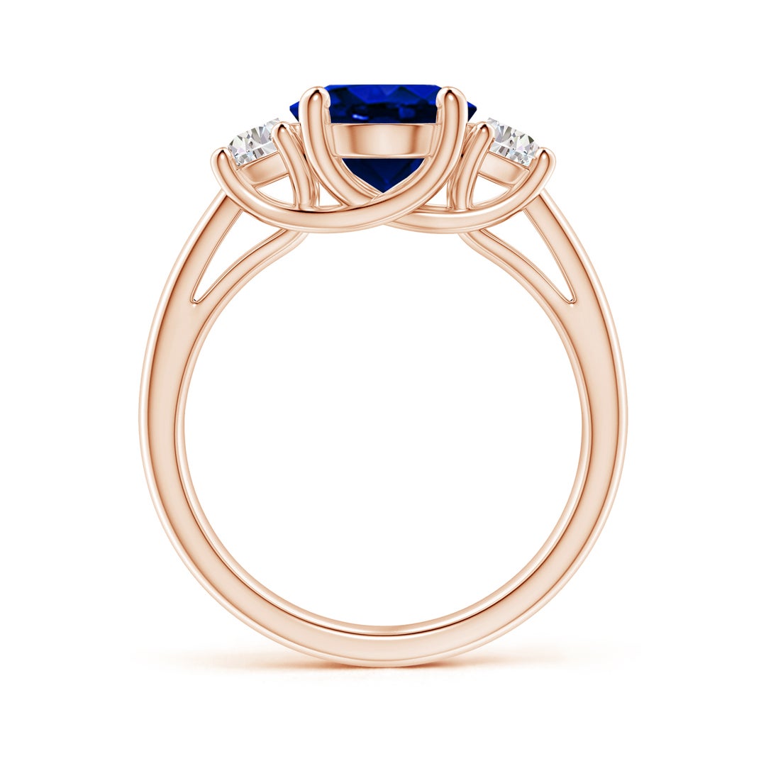10x8mm AAAA 3 Stone Oval Blue Sapphire and Half Moon Diamond Ring in Rose Gold - side 3