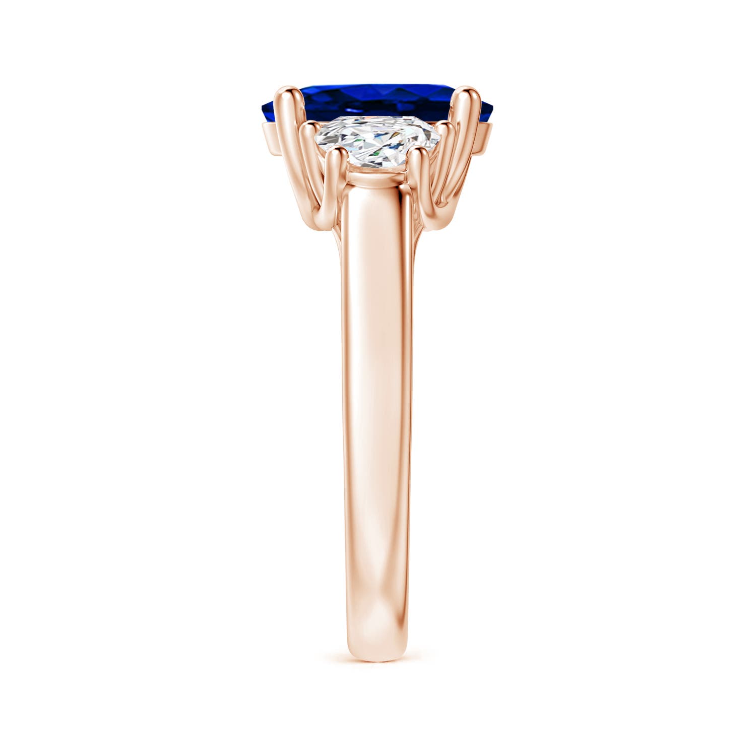 10x8mm AAAA 3 Stone Oval Blue Sapphire and Half Moon Diamond Ring in Rose Gold - side 4