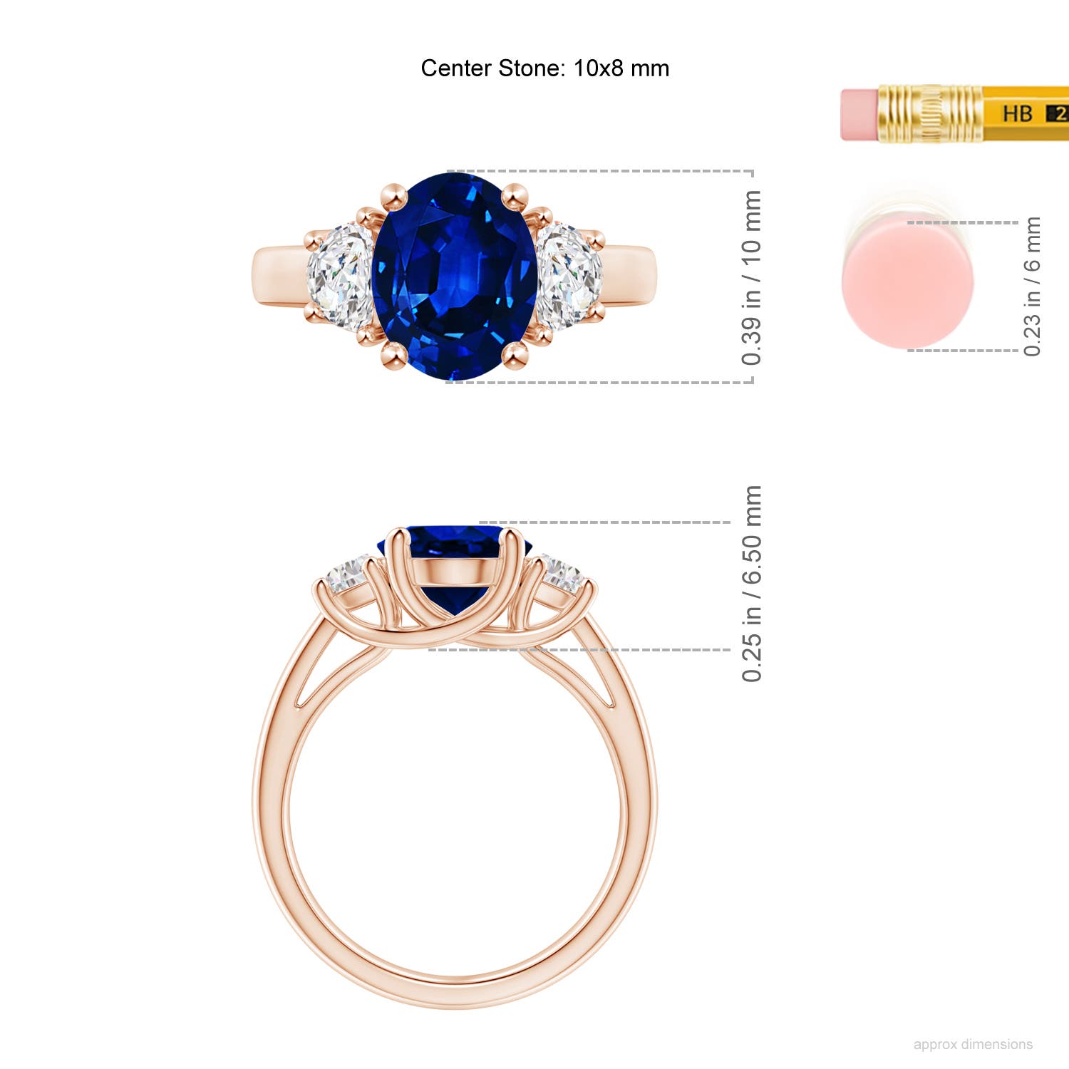 10x8mm AAAA 3 Stone Oval Blue Sapphire and Half Moon Diamond Ring in Rose Gold - ruler