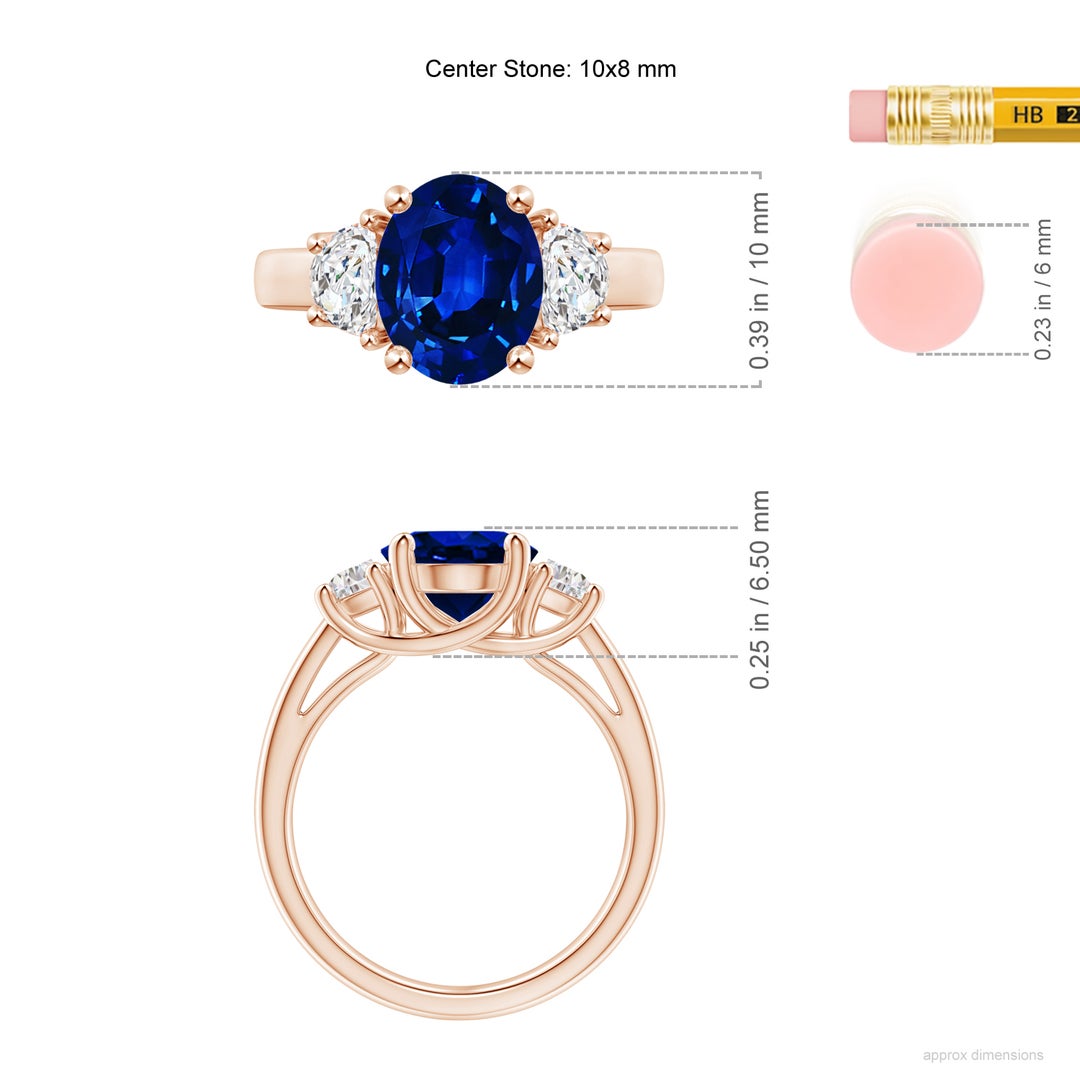10x8mm AAAA 3 Stone Oval Blue Sapphire and Half Moon Diamond Ring in Rose Gold - ruler
