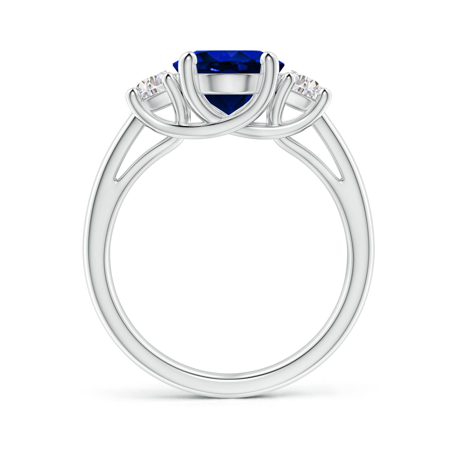 10x8mm AAAA 3 Stone Oval Blue Sapphire and Half Moon Diamond Ring in White Gold