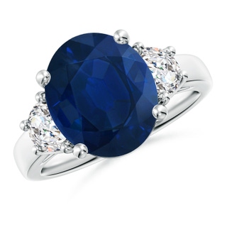 12x10mm AA 3 Stone Oval Blue Sapphire and Half Moon Diamond Ring in P950 Platinum
