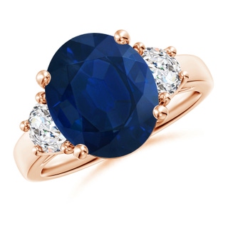 12x10mm AA 3 Stone Oval Blue Sapphire and Half Moon Diamond Ring in Rose Gold