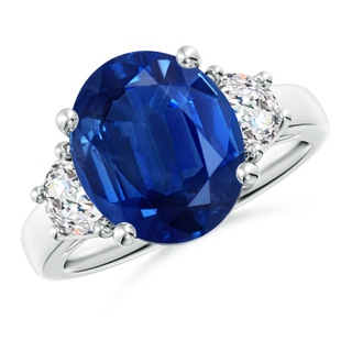 12x10mm AAA 3 Stone Oval Blue Sapphire and Half Moon Diamond Ring in P950 Platinum