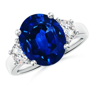 12x10mm Lab-Grown 3 Stone Oval Blue Sapphire and Half Moon Diamond Ring in P950 Platinum