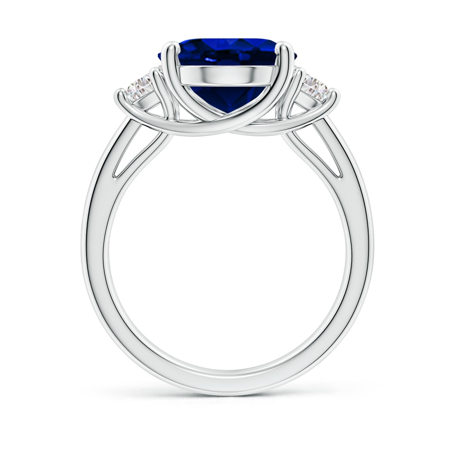 12x10mm AAAA 3 Stone Oval Blue Sapphire and Half Moon Diamond Ring in White Gold