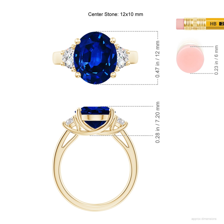 12x10mm Lab-Grown 3 Stone Oval Blue Sapphire and Half Moon Diamond Ring in Yellow Gold ruler