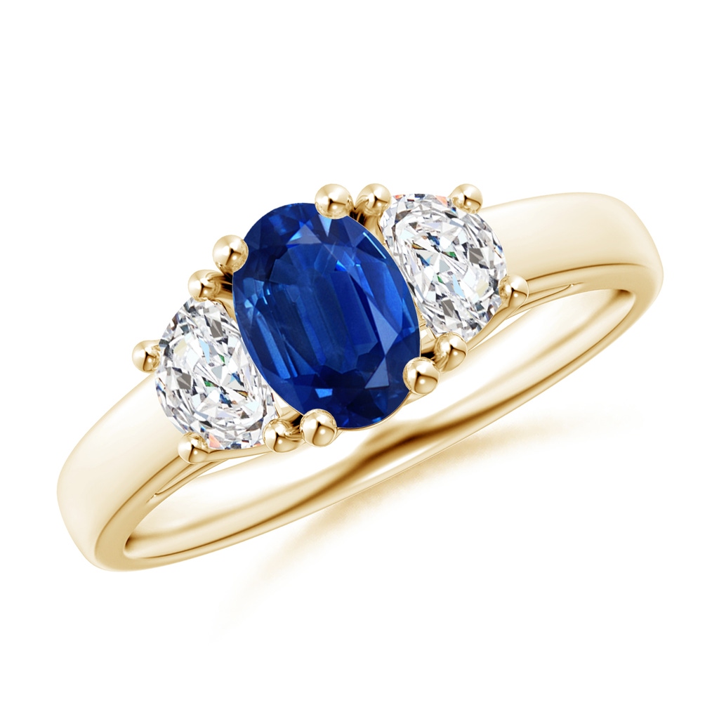 7x5mm AAA 3 Stone Oval Blue Sapphire and Half Moon Diamond Ring in Yellow Gold