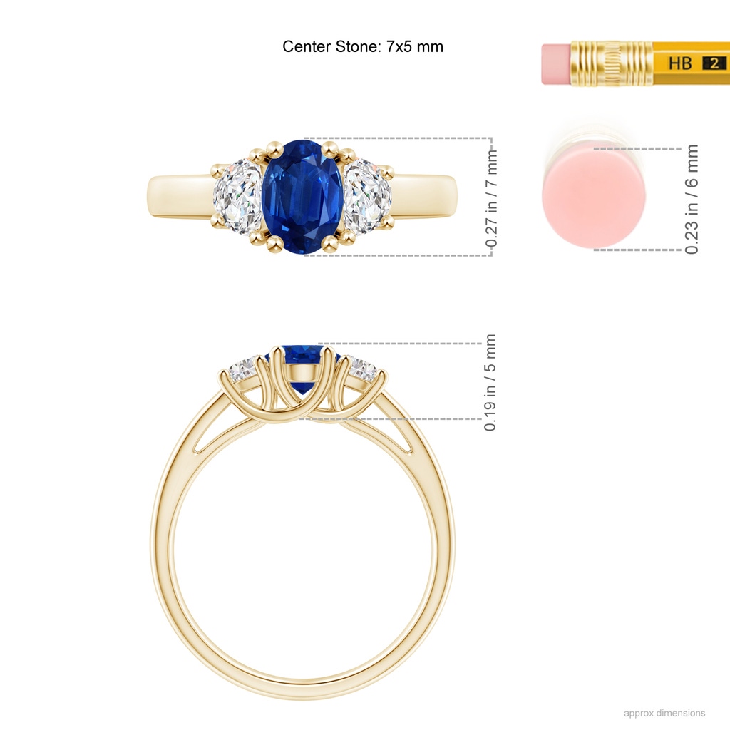 7x5mm AAA 3 Stone Oval Blue Sapphire and Half Moon Diamond Ring in Yellow Gold ruler