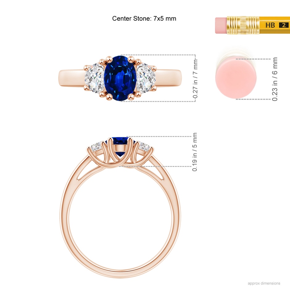 7x5mm Lab-Grown 3 Stone Oval Blue Sapphire and Half Moon Diamond Ring in Rose Gold ruler