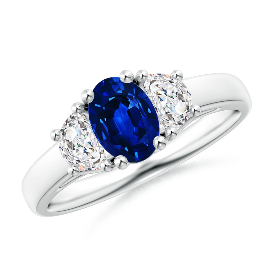 7x5mm Lab-Grown 3 Stone Oval Blue Sapphire and Half Moon Diamond Ring in White Gold 