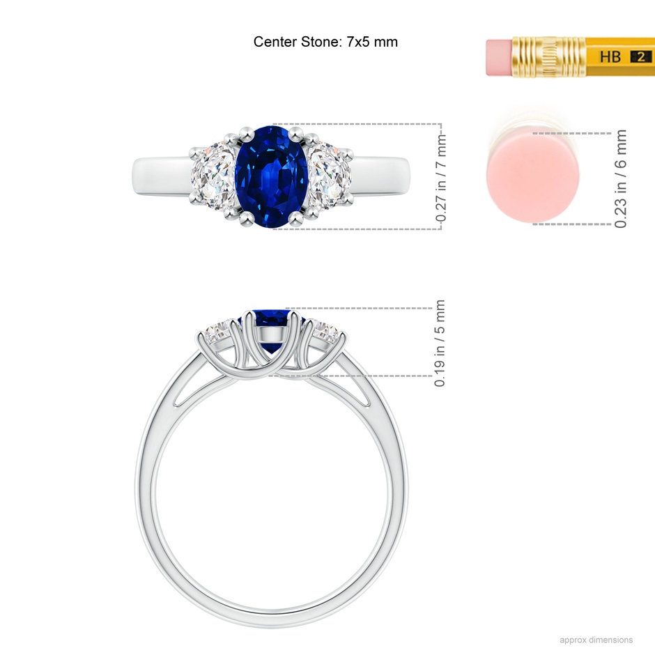 7x5mm Lab-Grown 3 Stone Oval Blue Sapphire and Half Moon Diamond Ring in White Gold ruler