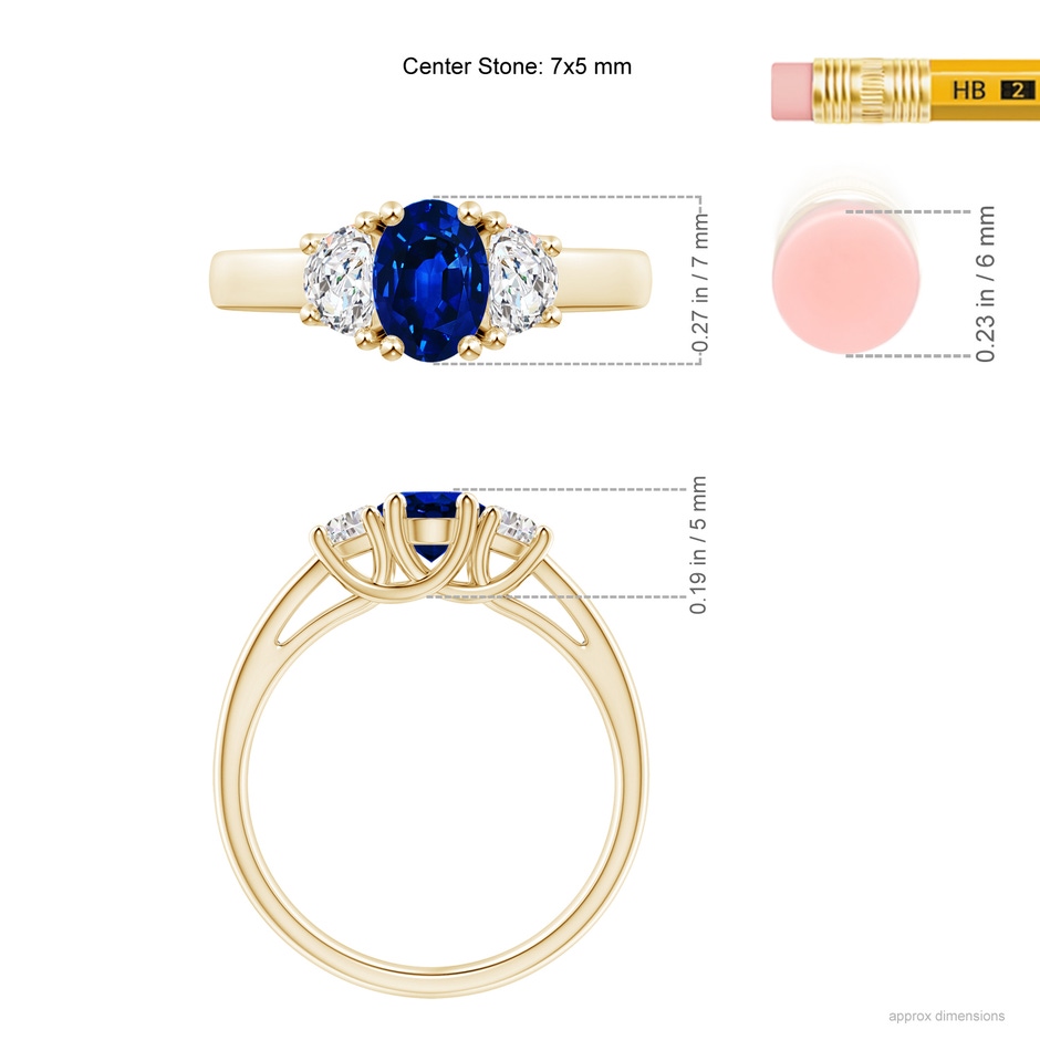 7x5mm Lab-Grown 3 Stone Oval Blue Sapphire and Half Moon Diamond Ring in Yellow Gold ruler