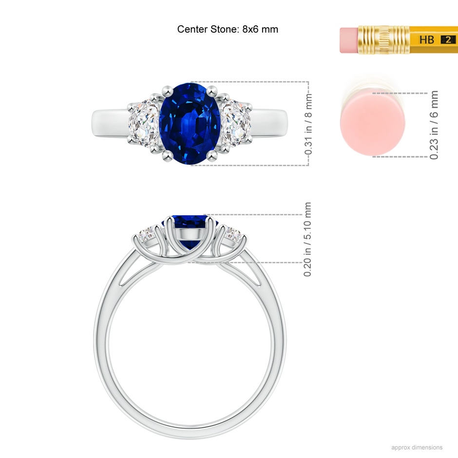 8x6mm Lab-Grown 3 Stone Oval Blue Sapphire and Half Moon Diamond Ring in P950 Platinum ruler