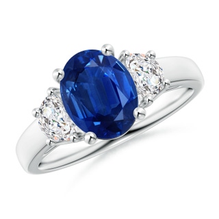 9x7mm AAA 3 Stone Oval Blue Sapphire and Half Moon Diamond Ring in White Gold